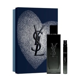 YSL MYSLF Eau de Parfum 100ml and 10ml set, with a dark blue heart-patterned gift box.