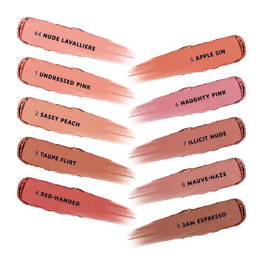 YSL LOVENUDE Lip Blusher. Full range of 10 shades with names, swatched on a white background.