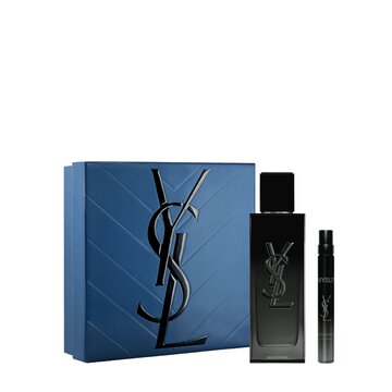 YSL MYSLF Eau de Parfum Duo Spring Set with blue gift box, MYSLF EDP 100 ml bottle and 10 ml travel spray on a white background.