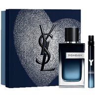 YSL Y Eau de Parfum 100ml and  10ml set, with a dark blue heart- patterned gift box.