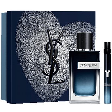 YSL Y Eau de Parfum 100ml and  10ml set, with a dark blue heart- patterned gift box.