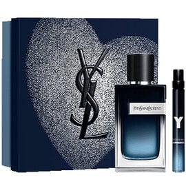 YSL Y Eau de Parfum 100ml and 10ml set, with a dark blue heart- patterned gift box.
