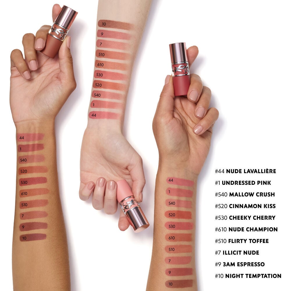 YSL LOVENUDE LIP STAIN 10-shade  swatches on 3 skin tones for a natural soft- blurred finish.