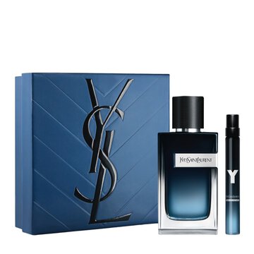 YSL Y Father's Day gift set: blue box, Y Eau de Parfum 100ml and 10ml bottles, fresh and bold fragrance.