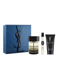 YSL La Nuit de L’Homme Routine Spring Set with blue gift box, La Nuit de L’Homme Eau de Toilette 100 ml, travel spray 10 ml and shower gel 50 ml on a white background.