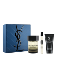 YSL La Nuit de L’Homme Routine Spring Set with blue gift box, La Nuit de L’Homme Eau de Toilette 100 ml, travel spray 10 ml and shower gel 50 ml on a white background.
