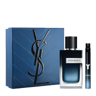 YSL Y Father's Day gift set: blue box, Y Eau de Parfum 100ml and 10ml bottles, fresh and bold fragrance.