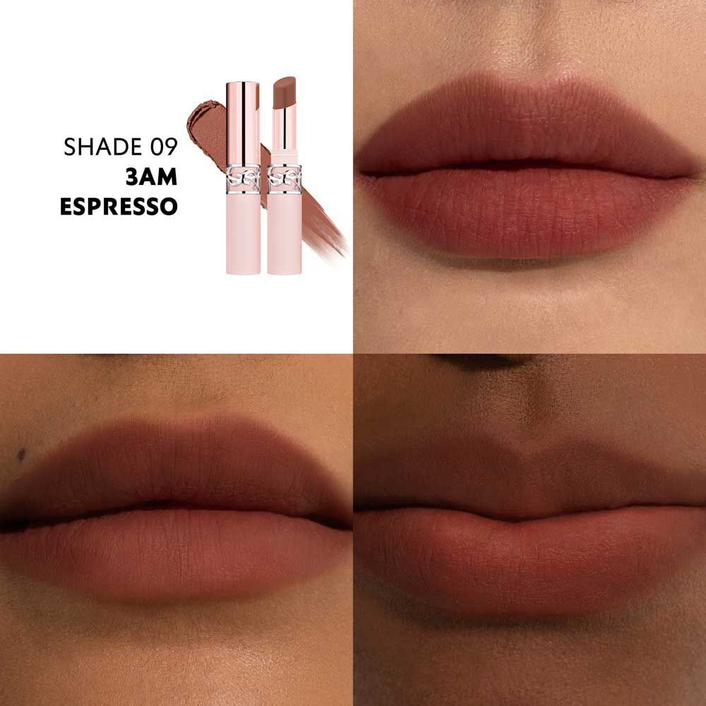 Model wearing YSL LOVENUDE LIP BLUSHER shade 09 3AM Espresso with soft matte finish.