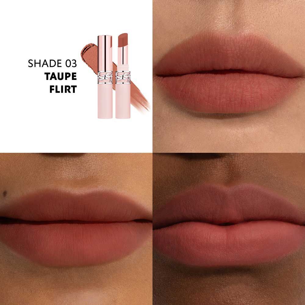 Model wearing YSL LOVENUDE LIP BLUSHER shade 03 Taupe Flirt with soft matte finish.