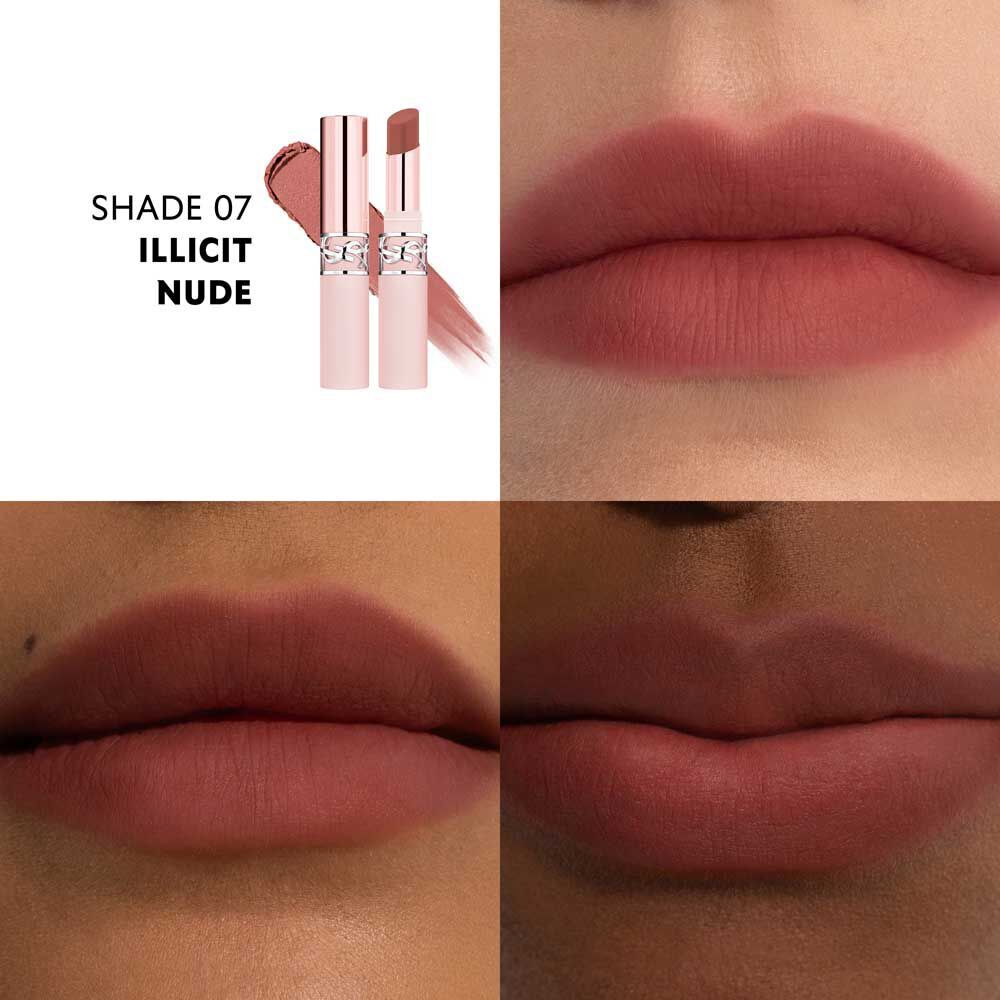 Model wearing YSL LOVENUDE LIP BLUSHER shade 07 Illicit Nude with soft matte finish.