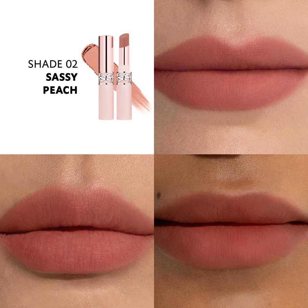 Model wearing YSL LOVENUDE LIP BLUSHER shade 02 Sassy Peach with soft matte finish.