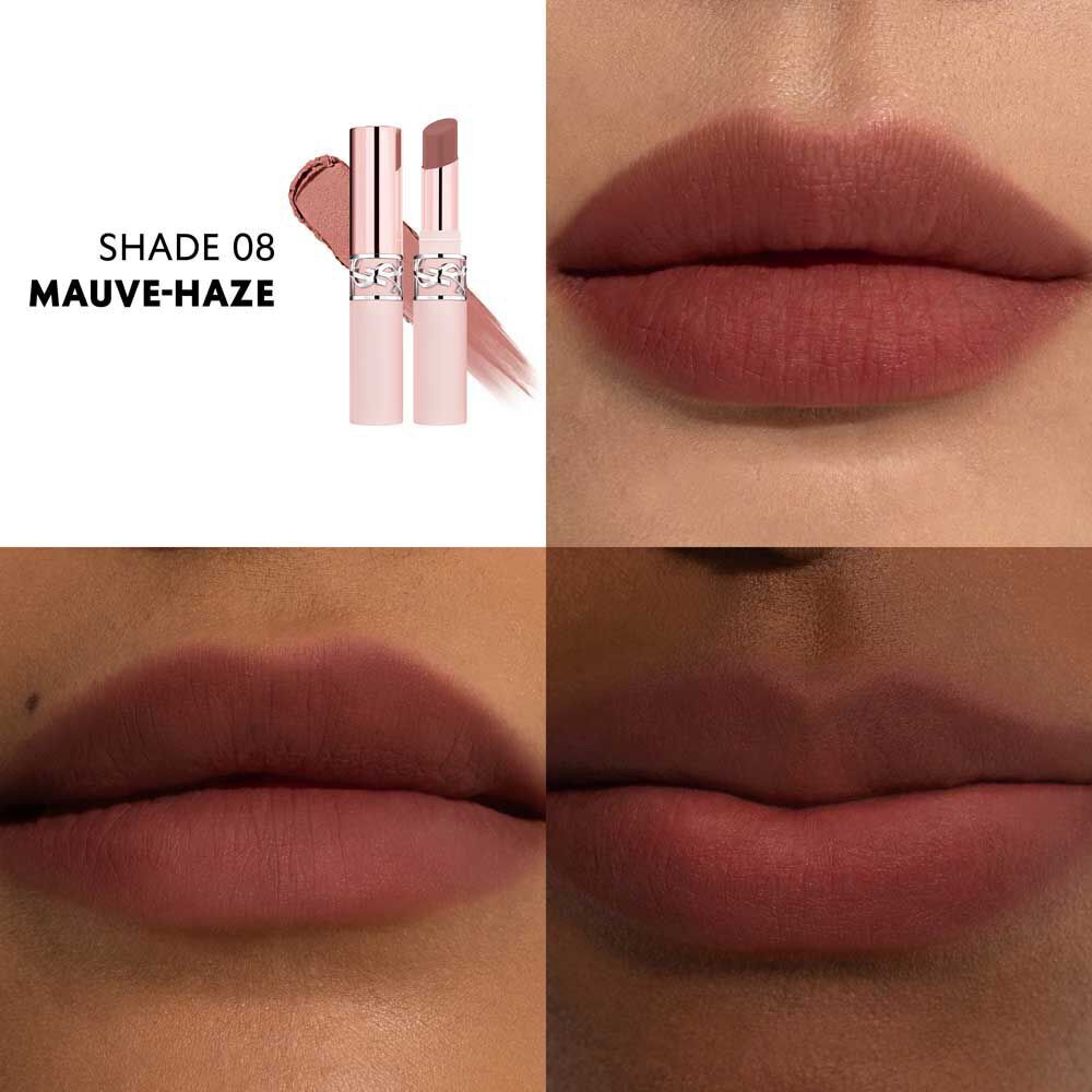 Model wearing YSL LOVENUDE LIP BLUSHER shade 08 Mauve-Haze with soft matte finish.