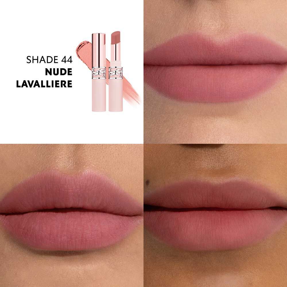 Model wearing YSL LOVENUDE LIP BLUSHER shade 44 Nude Lavalliere with soft matte finish.