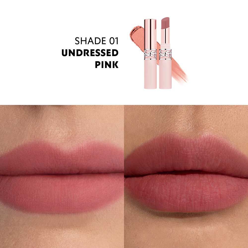 Model wearing YSL LOVENUDE LIP BLUSHER shade 01 Undressed Pink with soft matte finish.