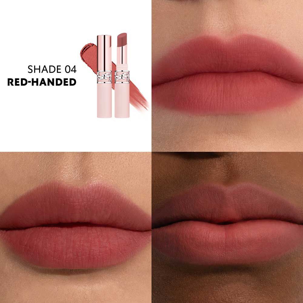 Model wearing YSL LOVENUDE LIP BLUSHER shade 04 Red-Handed with soft matte finish.