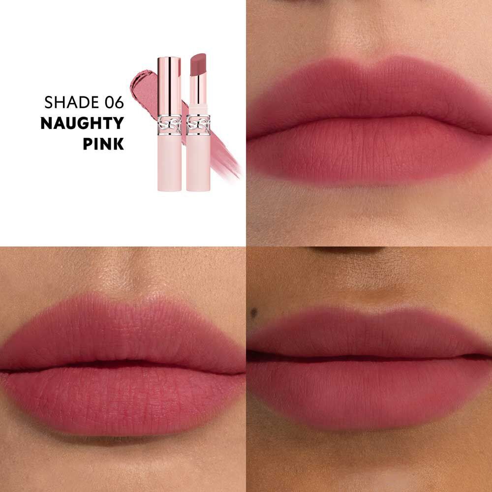 Model wearing YSL LOVENUDE LIP BLUSHER shade 06 Naughty Pink with soft matte finish.
