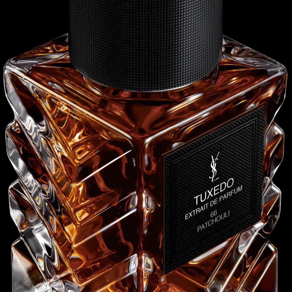 YSL LVDP Tuxedo Extrait de Parfum 50ml bottle, close-up on the elegant black label with 'TUXEDO' and 'PATCHOULI' text.
