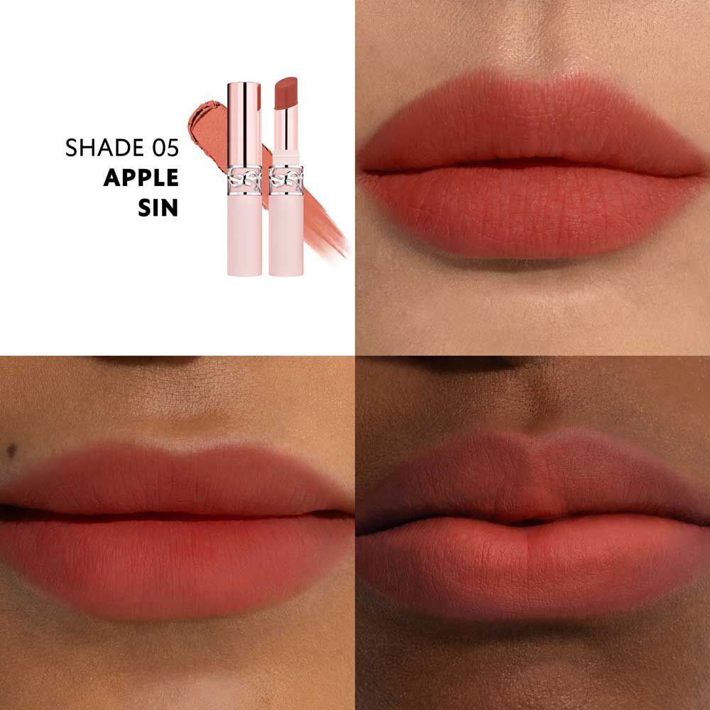 Model wearing YSL LOVENUDE LIP BLUSHER shade 05 Apple Sin with soft matte finish.