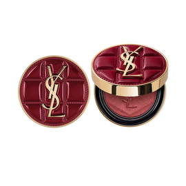 YSL Make me blush collector in quilted burgundy leather case with gold Cassandre logo, closed and open.