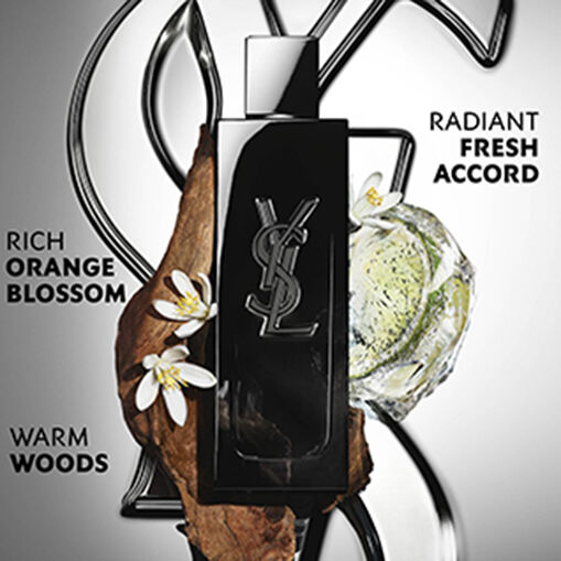 The MYSLF Eau de Parfum bottle displayed with key fragrance notes: orange blossom, wood bark, and a fresh citrus accord.