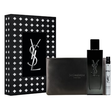MYSLF Eau de Parfum Holiday set with fragrance bottle, travel size, and couture pouch in a YSL box.