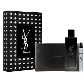 MYSLF Eau de Parfum Holiday set with fragrance bottle, travel size, and couture pouch in a YSL box.