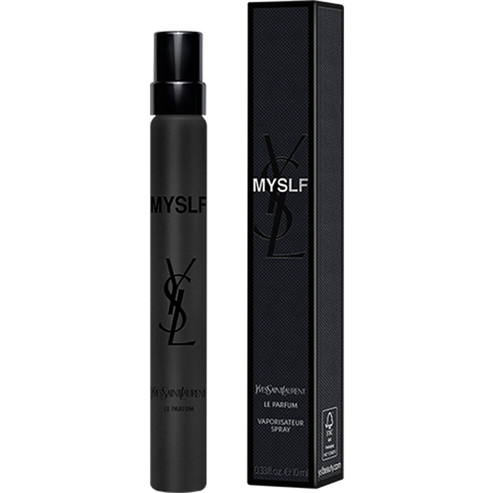 The MYSLF Eau de Parfum bottle standing next to its black outer packaging featuring a large embossed YSL logo.