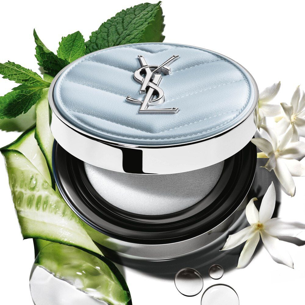YSL All Hours Blur Cushion with menthol, cucumber, jasmine petals, and niacinamide ingredients for a refreshing effect.
