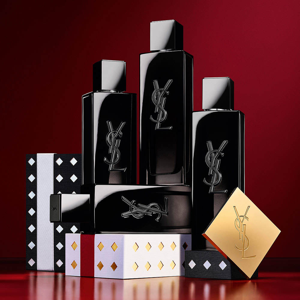 YSL Holiday makeup duo on burgundy texture strokes with palette and gloss