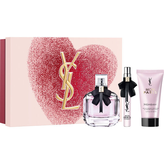 YSL MYSLF Eau de Parfum 100ml and 10ml set, with a dark blue heart-patterned gift box.