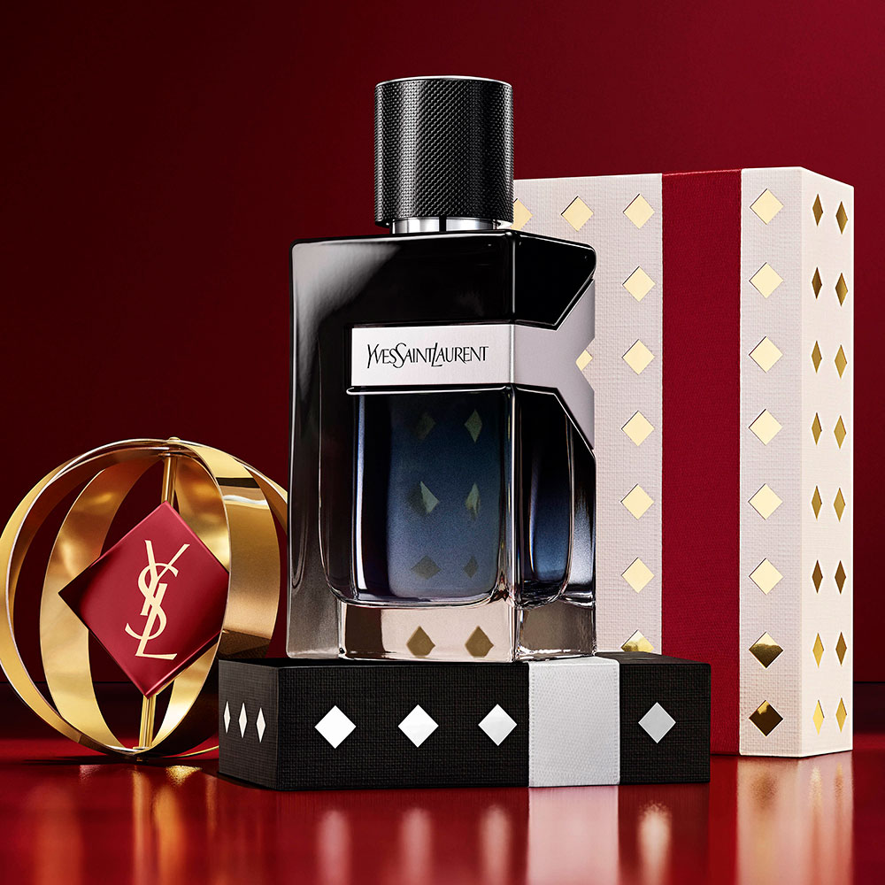 YSL Holiday makeup duo on burgundy texture strokes with palette and gloss