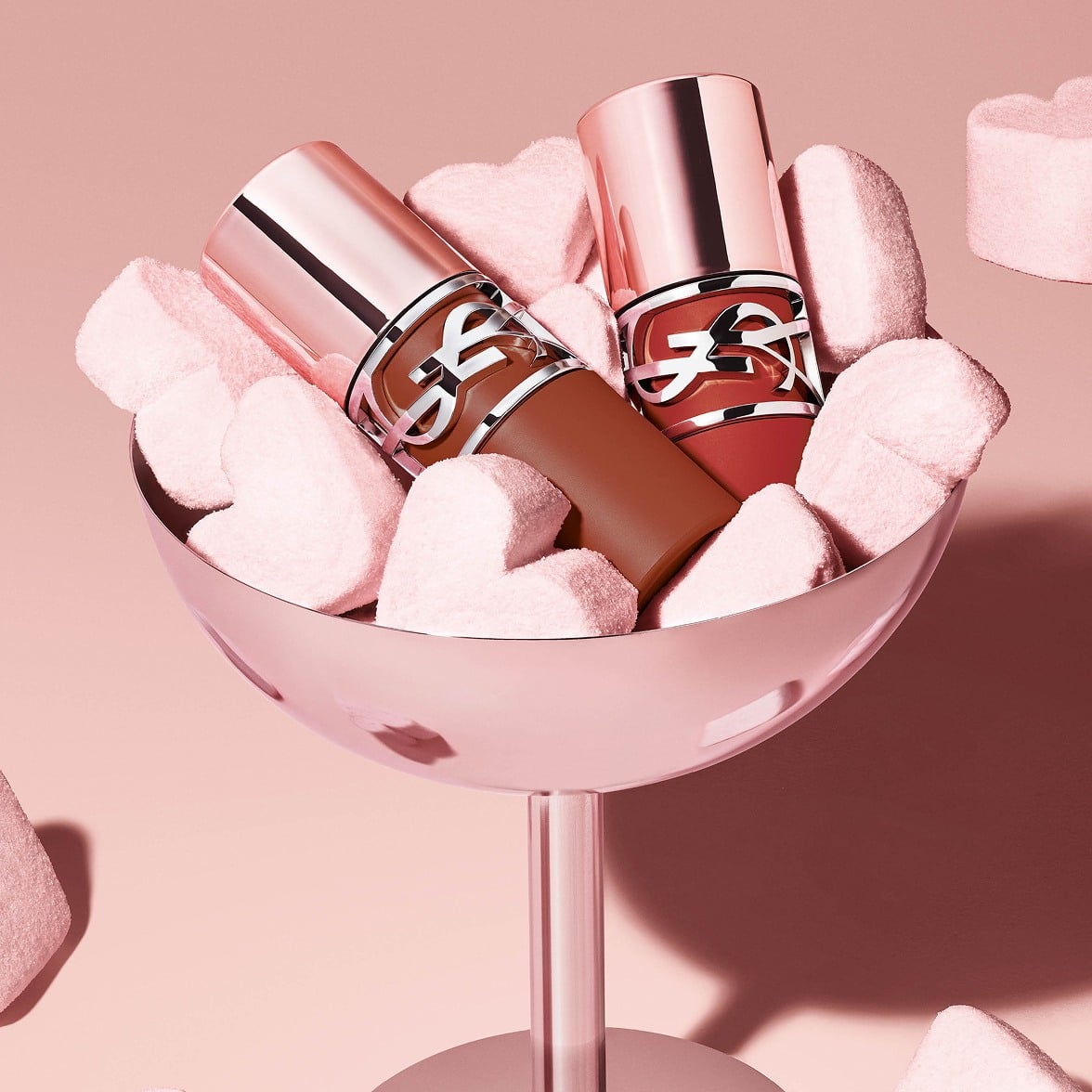 YSL LOVENUDE LIP STAIN shades
presented in a marshmallow cup to illustrate
the bouncy and cushiony texture.