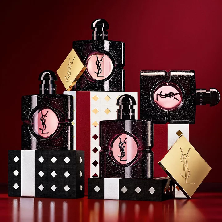 YSL Holiday makeup duo on burgundy texture strokes with palette and gloss