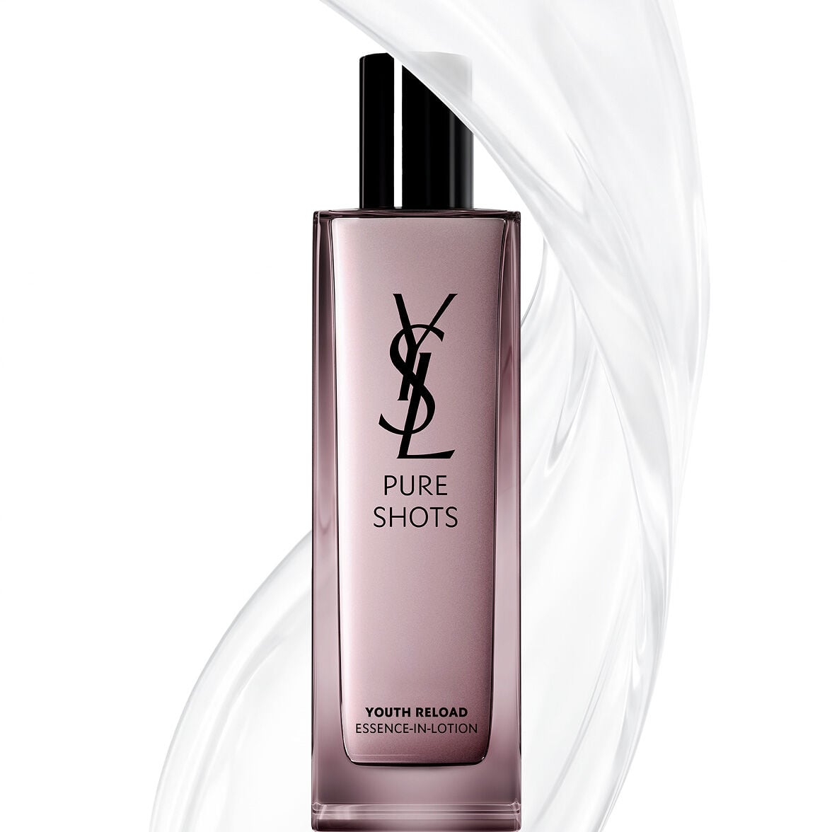 YSL Beauty Pure Shots Youth Reload Essence-in-Lotion bottle, surrounded by a clear, dynamic swirl of its texture.