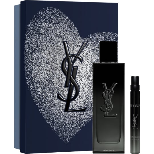 YSL MYSLF Eau de Parfum 100ml and 10ml set, with a dark blue heart-patterned gift box.