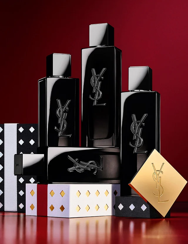 YSL Holiday makeup duo on burgundy texture strokes with palette and gloss